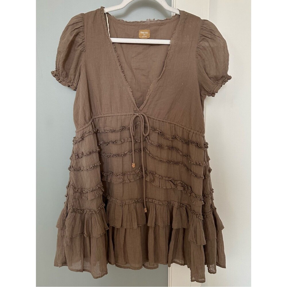 Free People Brown Tan Ruffle Darcy Mini Dress - Picture 9 of 10
